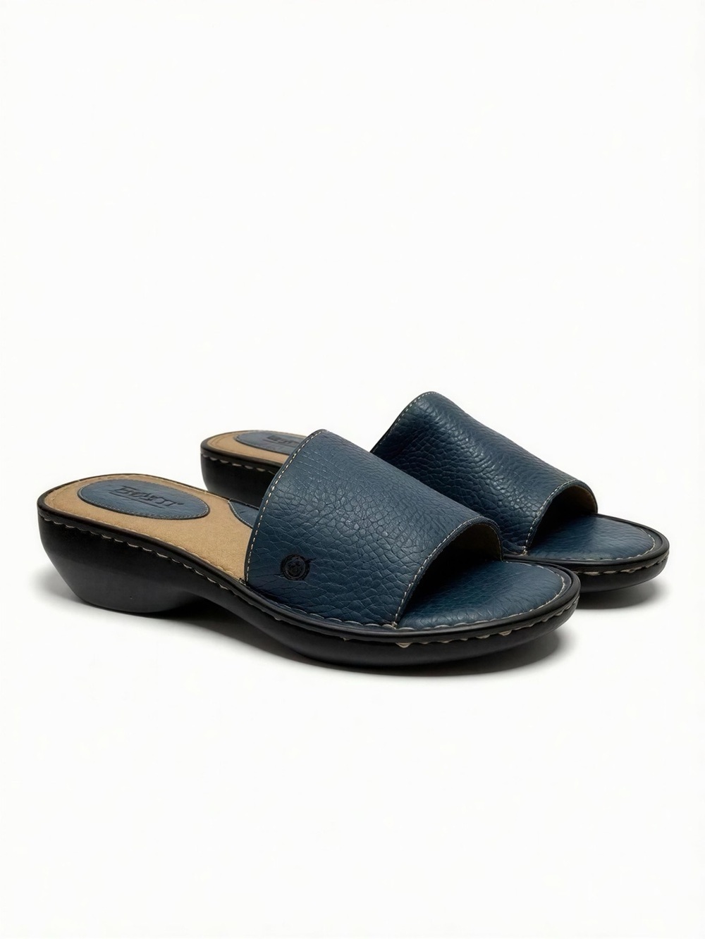 Born Blue  Leather Slip On Slide Sandals with Low Wedge Heel - 9